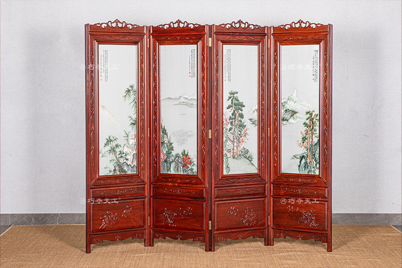 苏绣四扇屏（山林松柏）